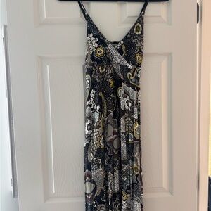Black Paisley Midi Dress with Yellow Accents